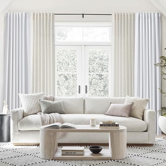 Nanspring White Linen Blackout Curtains 102 inches Long 2 Panels Set & Cream Linen Sheer Curtains 102 inches Long 2 Panels Set for Living Room Bedroom