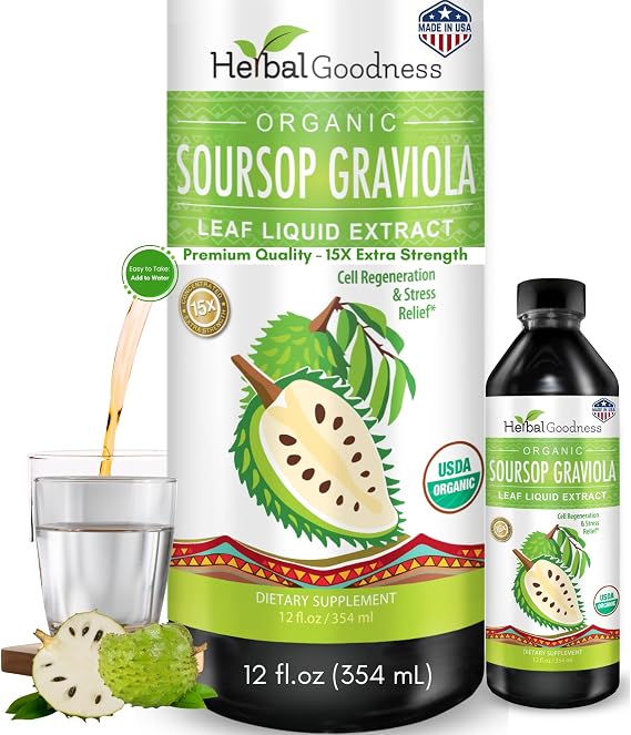 Herbal Goodness Soursop Graviola Liquid Drops Extract, Bitters 12Fl Oz | 15X Strength Organic Guanabana Hoja, Soursop Leaves Extract for Gut Health, Cell & Immune Support, Vegan, Non-GMO