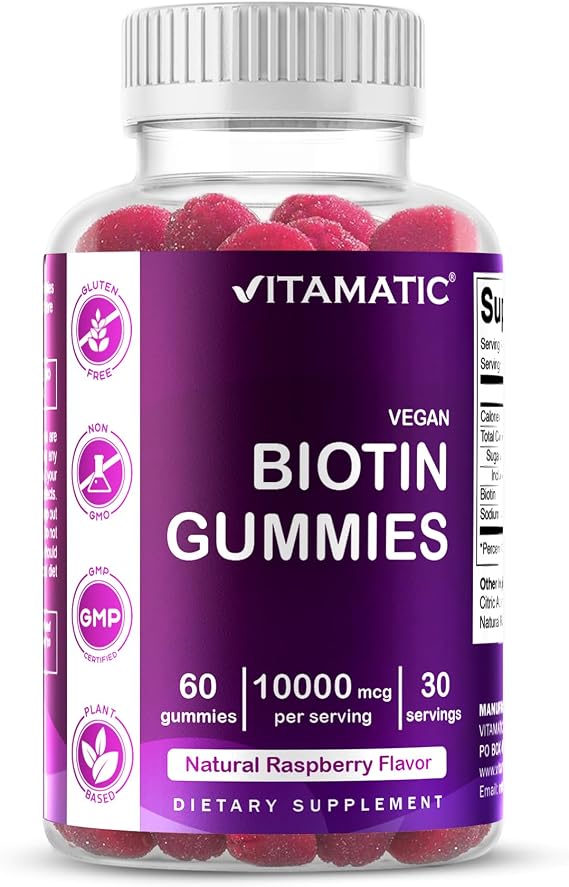 Vitamatic Biotin Gummies 10,000 mcg, 60 Vegan Gummies, Raspberry Flavor