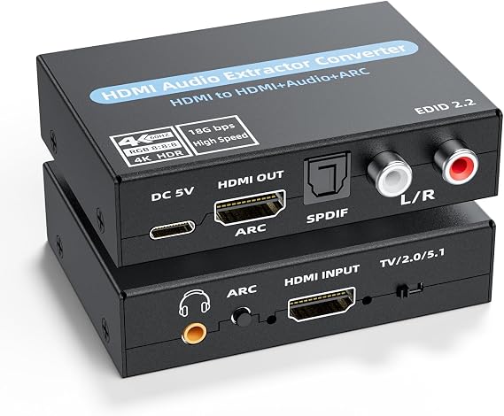 HDMI Audio Extractor Converter, 4K@60Hz Audio Adapter with Optical SPDIF + 3.5mm Stereo + Analog RCA L/R Audio Adapter, HDMI ARC Converter Supports 5.1 HDCP 2.2 HDR 18Gbps, for PS5 Xbox HDTV