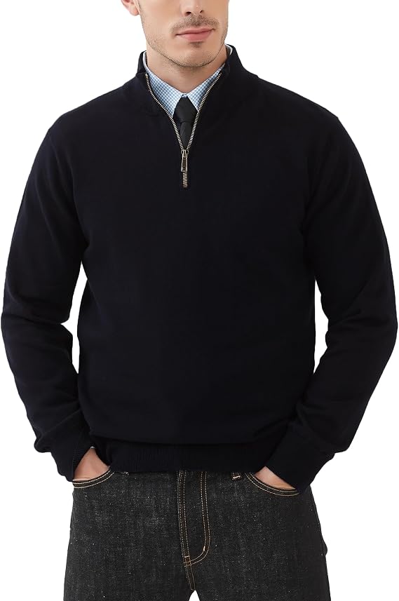 Kallspin Men's Quarter Zip Sweater Pullover Pure Cotton Long Sleeve Sweater Knit Lightweight Casual Business Style
