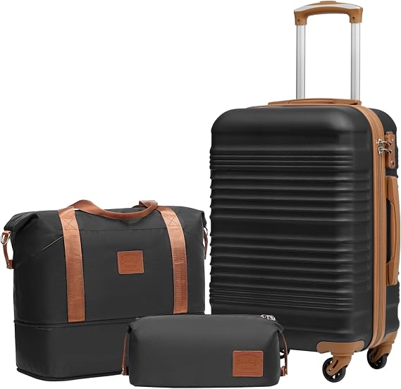 Coolife Luggage Set 3 Piece Luggage Set Carry On Suitcase Hardside Luggage with TSA Lock Spinner Wheels(Black, 3 piece set (DB/TB/20)) | Lightweight ABS+PC Hardside Suitcase, TSA-Approved Lock, Travel Duffel Bag with Back Sleeve, Toiletry Bag, Water-Resistant