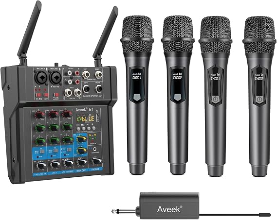 Aveek Karaoke Mixer Amplifier with Four Wireless Microphone with Rechargeable Receiver (Work 6hs), for Singing, Party, Wedding, DJ (4 Packs Mics)