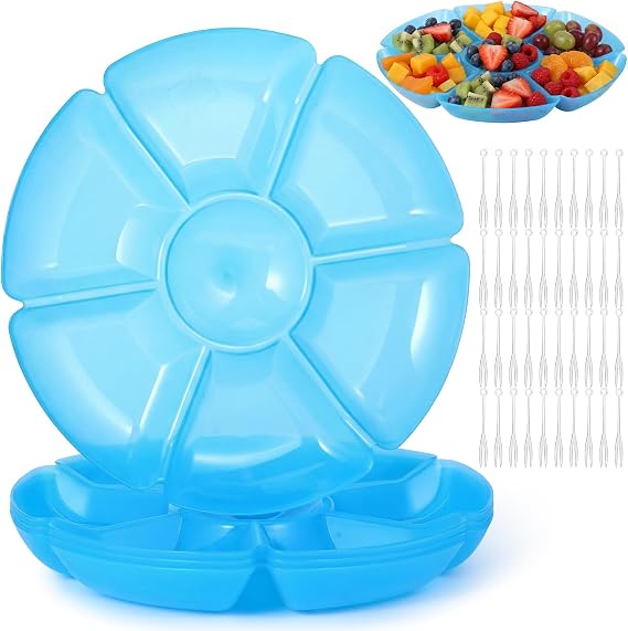 Zhehao 4 Pcs Sectional Heavyweight Plastic Divided Plates Serving Trays with 40 Disposable Forks 10.6" 7 Section Round Chip Dip Plate Snack Food Platter for Nut Candy Veggie Fruit (Blue)
