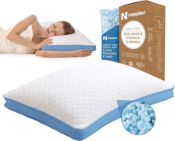 Nappler Side and Back Sleeper Pillow for Neck and Shoulder Pain Relief - Shredded Memory Foam Bed Pillow for Sleeping - 100% Adjustable Fill - King Size - Modal Washable Case. Extra Fill Included