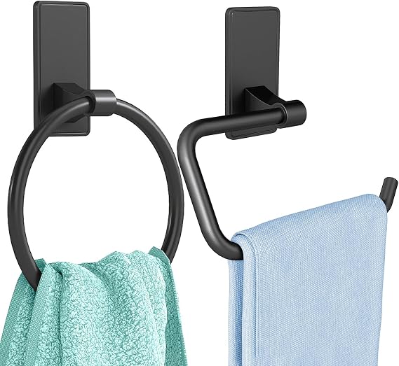 Budle -2 Items: Adhesive Towel Ring, Hand Towel Holder - Matte Black