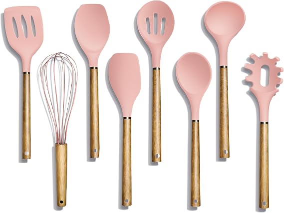 Country Kitchen シリコン調理器具 8点セット キッチン用品セット 掃除簡単 木製キッチン用品 ノンスティック調理器具/キッチンガジェット/スパチュラセット ピンク