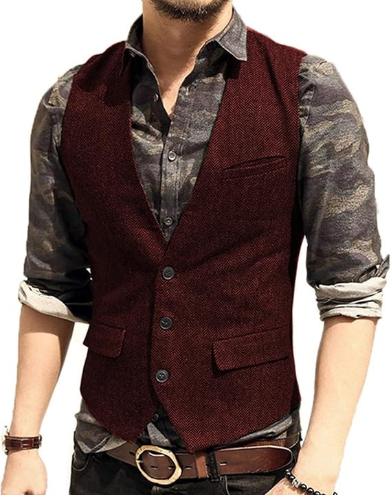 Men's Casual Plus Size Vest with 3 Pockets Wedding Herringbone Slim Fit Waistcoat Jacket Tank Top for Prom,Daily