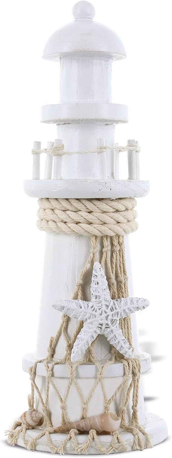 COTA Global Small White Wooden Lighthouse Decor Home Decor - 8.75 Inches
