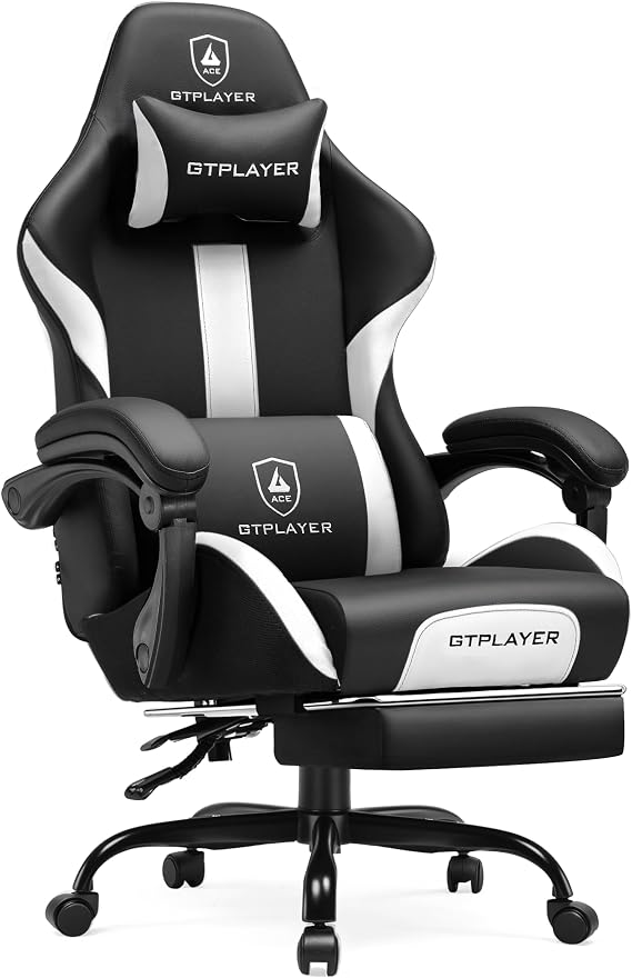 GTPLAYER Gaming Chair with Foot Rest & Pocket Spring Cushion, Ergonomic High Back Computer Chair with Headrest & 360-Swivel Seat for Home Office Desk, PU Leather, White/Black