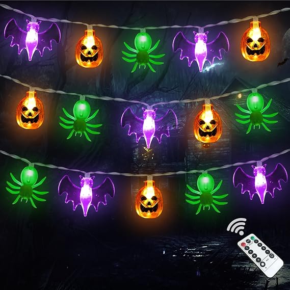 Zimati Halloween Lights Decor 16 ft 30 LED Battery Operated String Light | Timer, Remote Control, 8 Modes, Waterproof, Indoor Outdoor Use, 3D Pumpkin Bat Spider Lights, Home Door Party Decorations