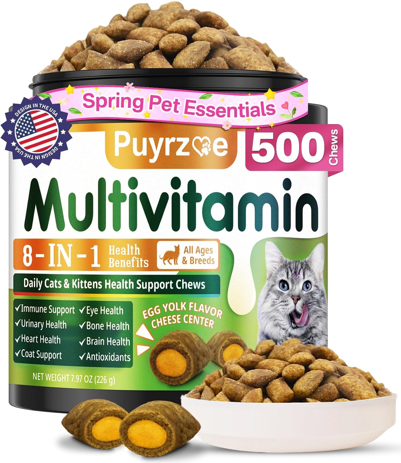 Puyrzoe 500 Cat Multivitamins Chews - Crunchy & Creamy Cheese Core, Cat Vitamins + Taurine Chews for Overall Support, Multivitamins for Cats Kittens - Egg Yolk Flavor
