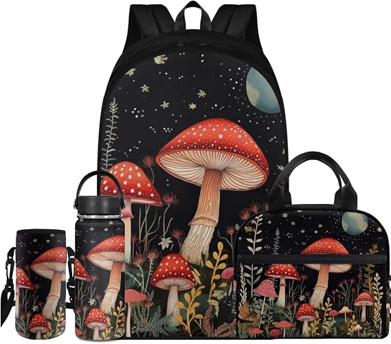 Flashideas Red Mushroom Kids Backpack Set 4Pcs Kids Backpack for Girls with Lunch Bag Insulated Water Bottle and Water Bottle Case Cover for Elementary School Students