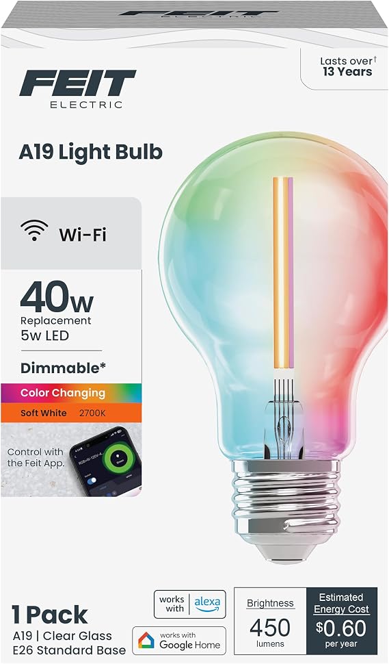 Feit Electric A19 LED Smart LED Light Bulb, 40W Eq, RGB Color Changing