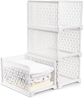 AVLA 4 Pack 38 Stackable Plastic Storage Basket, Plastic Foldable Closet Organizer Storage Bins, Wardrobe Storage Box Clothes Drawer Shelf Container for Cupboard Bedroom Dorm Bathroom Kitchen Office
