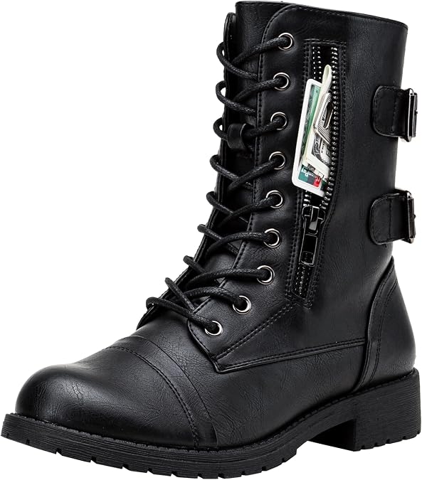 Vepose Women's Lace Up Mid Calf Combat Boots with Functional Pocket