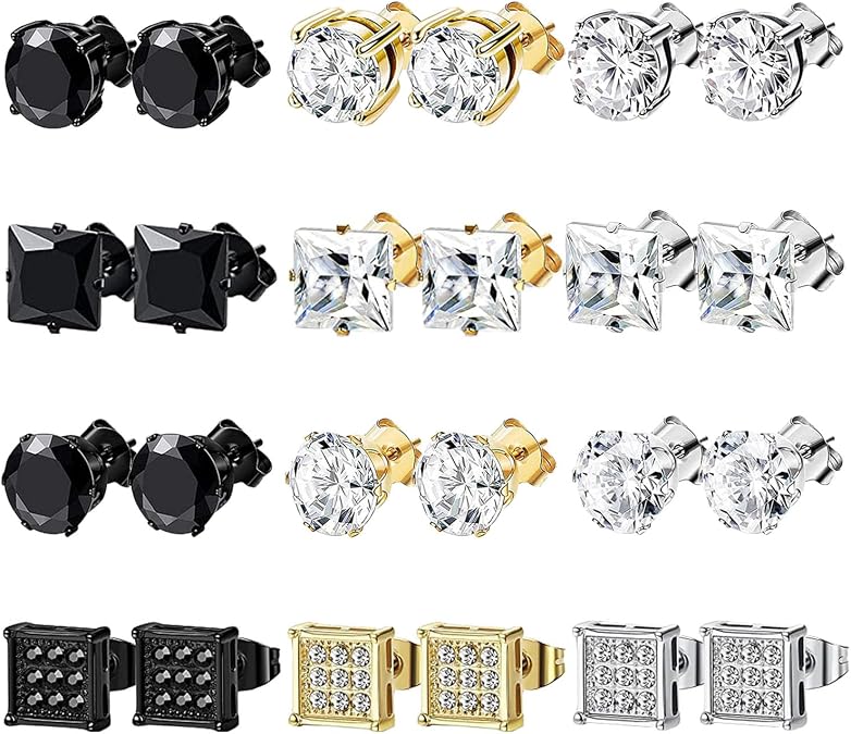 NEWITIN 12 Pairs Stainless Steel Stud Earrings for Men Hypoallergenic Earring Unisex Studs Inlaid Cubic Zirconia Men Earrings Hoop CZ Stud Earring Set for Women