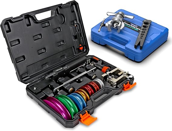 CARVALAX Tube Bender Set and 45 Eccentric Flaring Tool Kit, Ratcheting Bender w/Reverse Bending Adapters & 7 Colored Heads for 1/47/8, 5-19mm Flaring Dies for HVAC, Refrigeration, Brake Lines