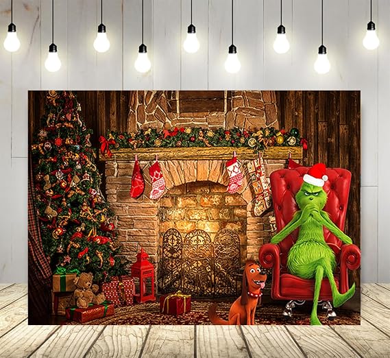 Basifoto Retro Fireplace Backdrop for Christmas Party Supplies 5x3ft Grinch Red Sofa Photo Background Merry Christmas Photography Backdrop Grinchmas Banner