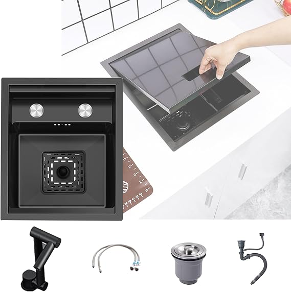Black Stainless Steel Utility Sink,Drop In Kitchen Sink,Hidden Single Bowl Kitchen Sinks,Undermount Bar Sink,Small Kitchen Sink with Faucet Combo,Modern Sink,for Rv,Home,Shop,Hotel,Laundry Room ( Size