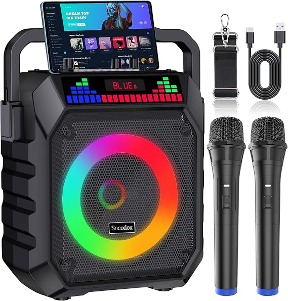 Karaoke Machine and 2 Wireless Microphones for Adults & Kids | Karaoke Speaker with RGB Lights, Supports Bluetooth/USB/TF/AUX Inputs, Portable for Home Parties & Outdoor Events