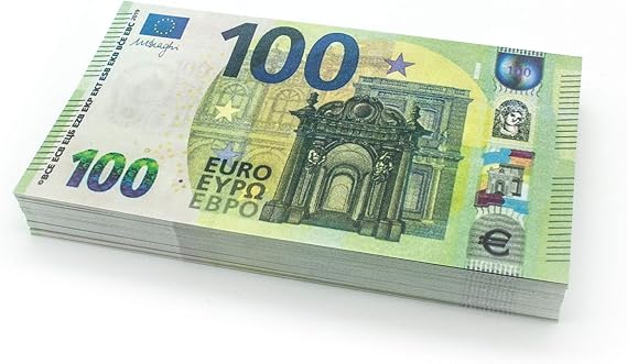Cashbricks 100 x €100 Euro Play Money Notes – Reduced – 75% Size