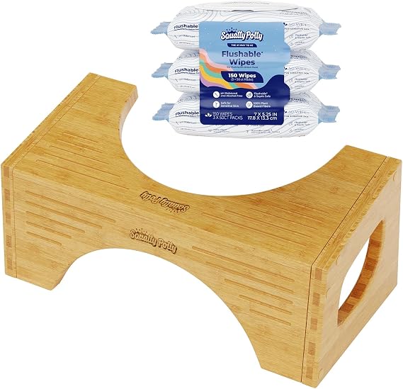 Squatty Potty Bamboo Flip Toilet Stool with Flushable Wipes Bundle