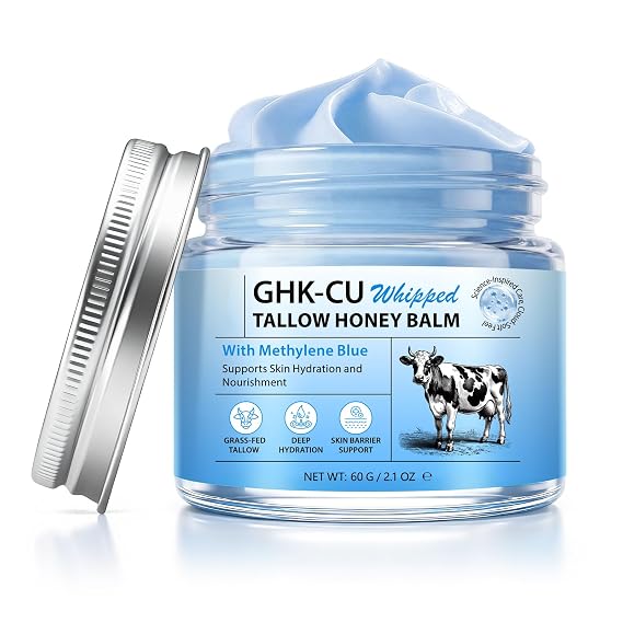 GHK-Cu Copper Peptide Face Cream, Grass-Fed Tallow Balm for Skin with Methylene Blue, Manuka Honey & Vitamin E, Anti-Aging Firming Moisturizer for Wrinkle Reduction, Collagen Boosting, 2.1oz