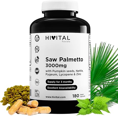 Saw Palmetto 3000mg 180 Vegan Capsules for 3 Months With Serenoa Repens (Sabal Serrulata) Pumpkin Seeds Nettle Pygeum Africanum Lycopene and Zinc. Made by HIVITAL