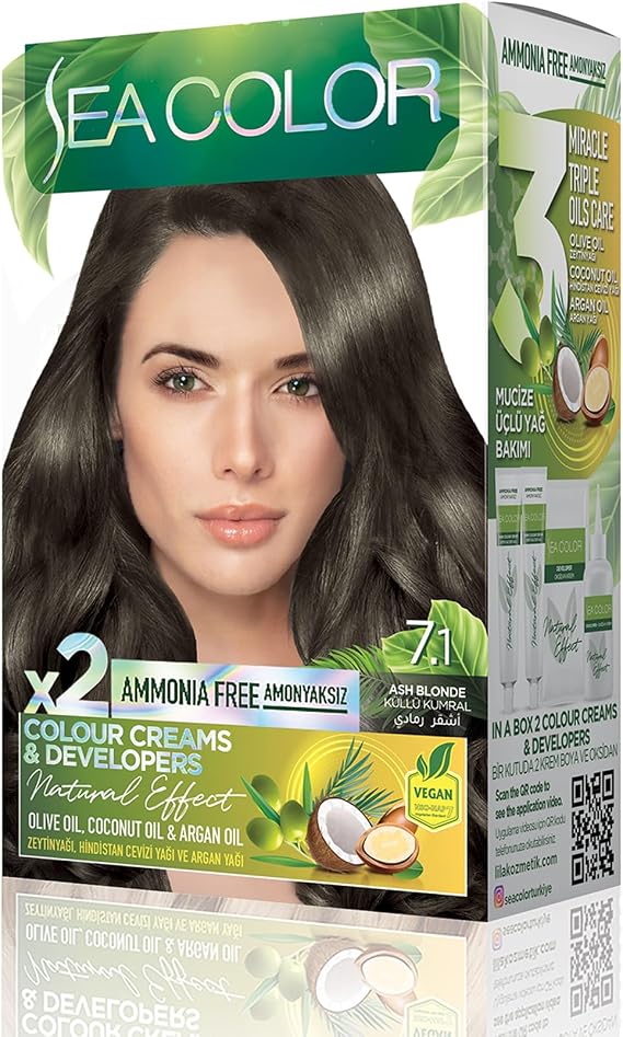 SEA COLOR Non-Ammonia, Vegan, Natural, Nourishing Permanent Hair Dye 100% White Closure (1 PACK 2 x 50 ml Dye & OXIDANT) (Ashy Brunette 7.1)