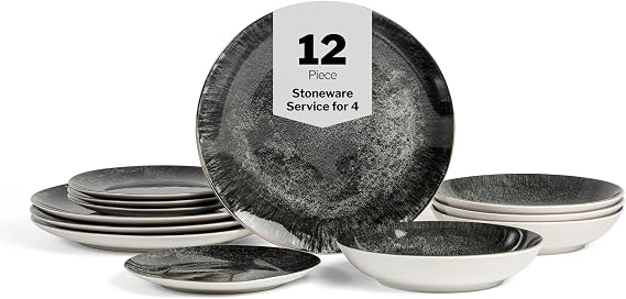 Christian Siriano Onyx 12-Piece Dinnerware Set Porcelain, Plates and Bowls Set, Hand Wash Dish, Dish Set for 4, Black and Gold