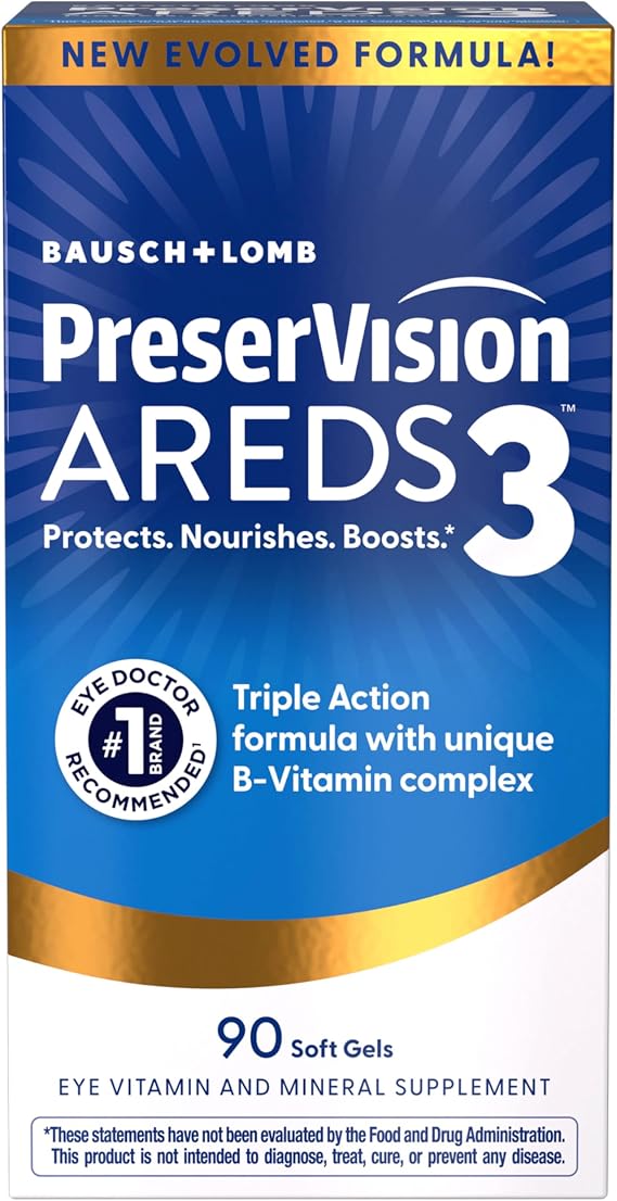PreserVision AREDS3 Eye Vitamins, #1 Eye Doctor Recommended Brand, AREDS2 Formula with Additional 8 B-Vitamin Complex, for Healthy Cellular Eye Function, 3-in-1 Supplement, 90 Softgels