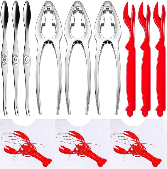 YGAOHF 12 Pcs Professional Crab Leg Crackers and Tools - Includes 3 Crab Crackers, 3 Lobster Shellers, 3 Crab Leg Forks/Picks, 3 Disposable Lobster Bibs and Storage Bag, Dishwasher Safe