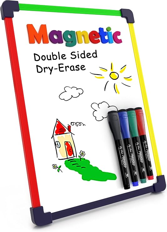 Scribbledo 9 x 12 Magnetic Dry Erase Board with 4 Markers, Double Sided Hardboard with a Crisp Reusable Writing Surface for Color Coded Practice at Home or School