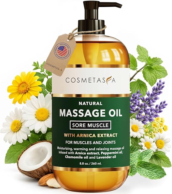 Cosmetasa Sore Muscle Massage Oil - 8.8 oz, Soothes Muscle and Joint with Arnica Extract, Peppermint, Chamomile, and Lavender Oil (8.8 oz, Sore Muscle)