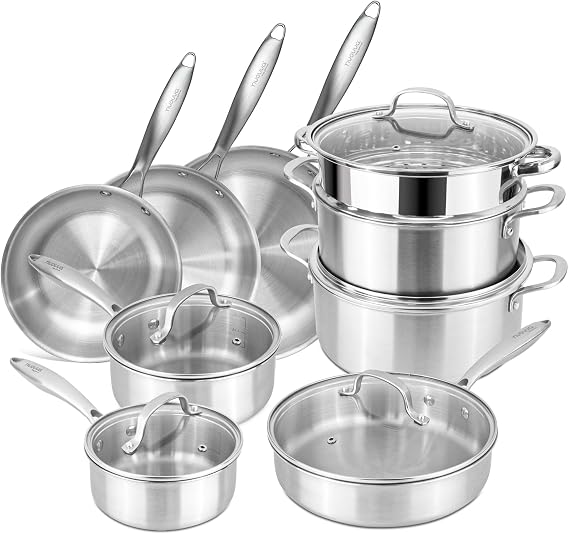 Stainless Steel Pots and Pans Set – 14pcs Cookware with Glass Lids – Induction Hob Pot Set – Cooking Saucepan Pots & Frying Pan Set – by Nuovva