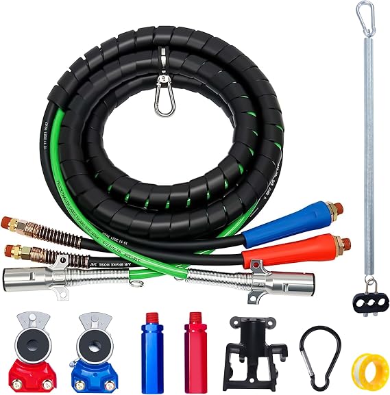 15FT Semi Truck Air Lines with Gladhand Holder & Spring | 3-in-1 7 Way ABS Electrical Cord and Rubber Air Brake Hoses with Spring & Holder & Gladhands for Truck Trailer Tractor
