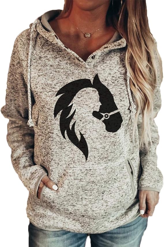 IVERIRMIN Horse Hoodie for Women, Long Sleeve Horse Print Hooded Sweatshirt with Pockets Button Up Drawstring Hoodie