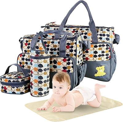 5Pcs Diaper Bag Tote Set,Large Mommy Bag with Portable Nappy Changing Pad,Pacifier Case,Travel Baby Bags for Mom