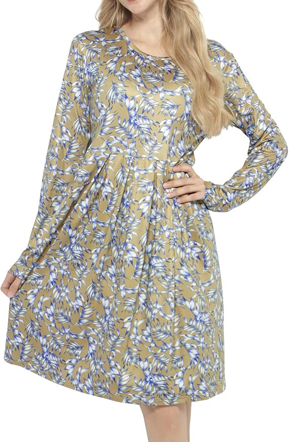 Match Women's Round Neck Long Sleeve Floral Print A-line Dress
