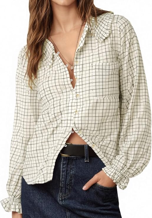 Tankaneo Womens Peter Pan Collar Button Down Shirts Long Sleeve Plaid Blouse Dressy Casual Fall Tops