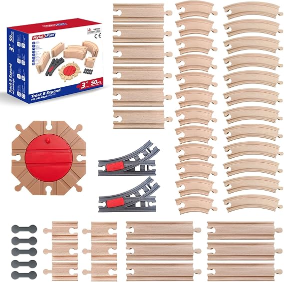 50-Piece Wooden Train Track B Expand Pack with Turntable and Switches | Beechwood Tracks Compatible with Major Brands | Fits MykaFort Electric Trains & Accessories | Age 3+