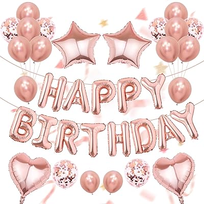 52 Pcs Rose Gold Birthday Decorations, Rose Gold Balloons Happy Birthday Banner with 18 Inch Heart Star Confetti Balloons Suitable for Kids, Girls and Women Birthday Party Decorations Supplies