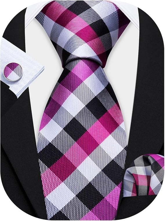 Barry.Wang Mens Tie Set Plaid Check Stripe Neckties Pocket Square Cufflinks | Woven Classic,Formal/Casual Men's Necktie,Luxury,Business,Wedding,Party,Prom,Graduation