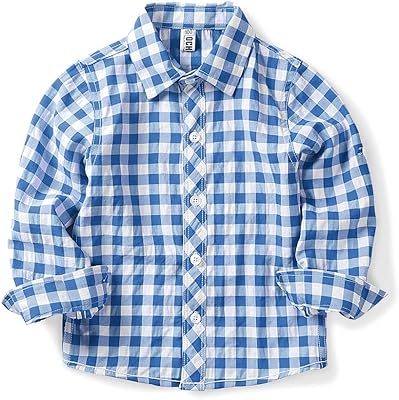OCHENTA Boys Plaid Button Down Shirt Long Sleeve Gingham School Uniform Tops for LittleBig Kids