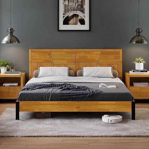 Bme Trapeze King Bed Frame Modern Solid Wood Bed with Smooth Pattern Headboard, Black Metal Legs, Teak Brown Finish Durable King Size Platform Bed for Contemporary Bedrooms