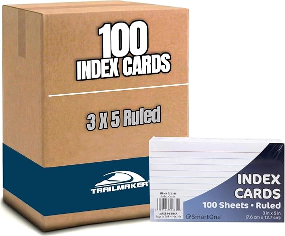 Trailmaker (100 Pack) Index Cards Bulk Pack, 10,000 Ruled 3 x 5 Note Cards, 100 Packs of 100 Flash Cards for Studying, Note Taking, Presentations, College, High School, Classroom & Office Supplie