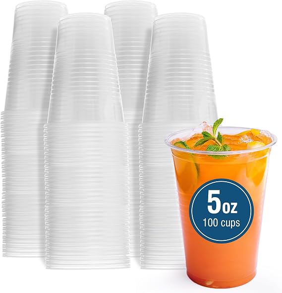 Small, Clear Plastic Cups 5 oz - 100 Disposable Drinking Cups for Home Use, Traveling, Parties, Offices, Facilities