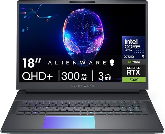 Alienware 18-inch Area-51 Gaming Laptop - GeForce RTX 5080 16GB GDDR7 18 QHD+ 300Hz Intel Ultra 9 275HX AlienFX RGB Lighting Wi-Fi 7 Ai NPU Quad Fan Cooling, Win 11PRO(64GB DDR5, 2TB SSD)