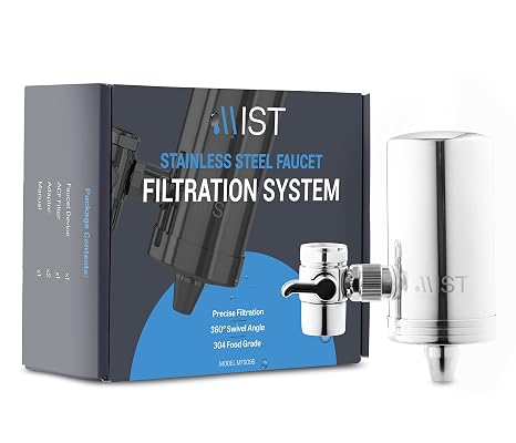 Mist- Water Filter for Sink, Faucet Filter, Stainless Steel, 320 GL Capacity, Reduces Heavy Metal, NSF Certified Faucet Water Filter, Connects to Standard Faucets, Mount Tap Filter
